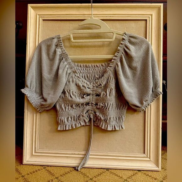 Urban Outfitters silver flecked  cropped top w smocking and puff sleeves S - Picture 1 of 10